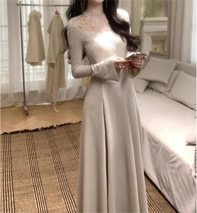 Light Gray Lace V neck Bodycon Luxury Women Striped Evening Long Dress