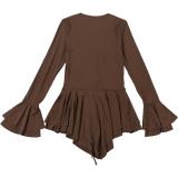 Brown Ruffles Deep V Neck Pleated Waisted Women Club Dress