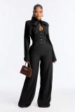 Black Long Sleeve V Neck Single Breasted Casual Luxury Wide Leg Women Jumpsuit