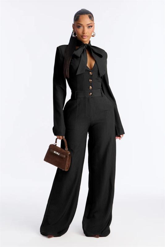 Black Long Sleeve V Neck Single Breasted Casual Luxury Wide Leg Women Jumpsuit