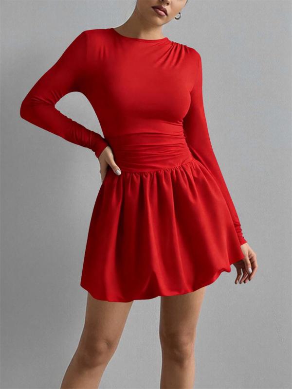 Red Long Sleeve Fashion Women Casual Pleated Club Mini Dress