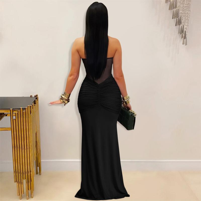 Black Halter Low Cut Mesh See Through Pleated Evening Club Dress