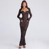 Black Off Shoulder Lace Bodycon Sexy Evening Formal Bodycon Maxi Dress with Shawl