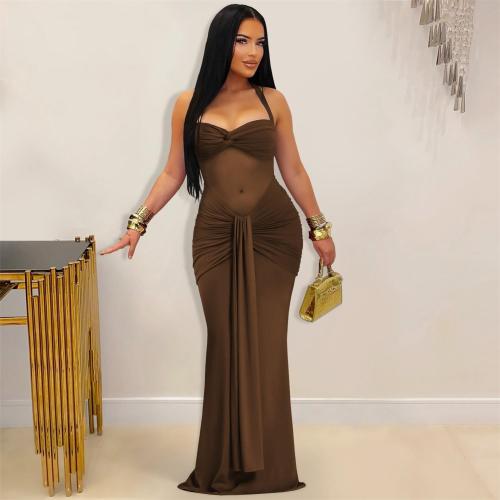 Brown Halter Low Cut Mesh See Through Pleated Evening Club Dress