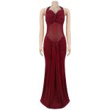 Claret Halter Low Cut Mesh See Through Pleated Evening Club Dress
