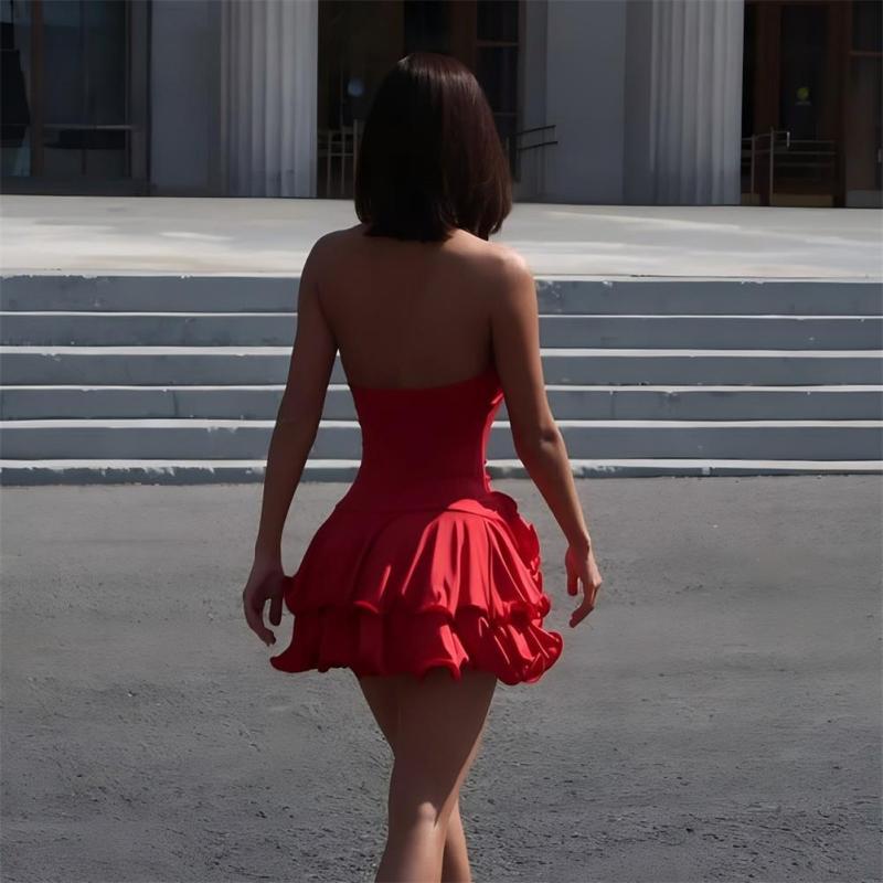 Red Straps V Neck Sexy Party Ruffles Mini Dress
