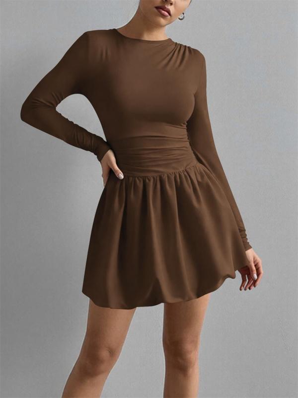 Brown Long Sleeve Fashion Women Casual Pleated Club Mini Dress