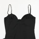 Black Straps Pearls Halter V Neck Luxury Evening Formal Long Dress