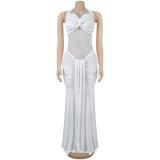 White Halter Low Cut Mesh See Through Pleated Evening Club Dress