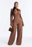 Brown Long Sleeve V Neck Single Breasted Casual Luxury Wide Leg Women Jumpsuit