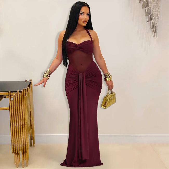 Claret Halter Low Cut Mesh See Through Pleated Evening Club Dress