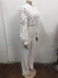White Long Sleeve Lace Hollow Out Fashion Casual Office Lady Jumpsuit