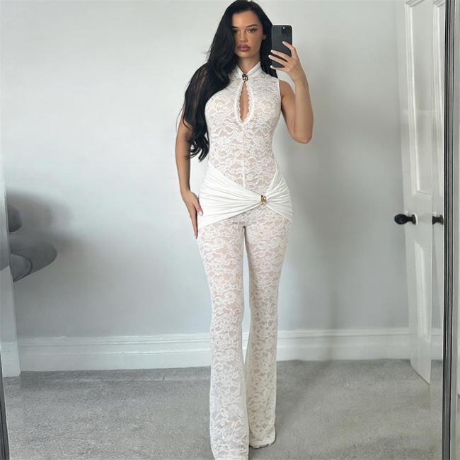 White Lace Hollow Out Sexy See Through Sexy Evening Party Jumpsuits