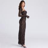 Black Off Shoulder Lace Bodycon Sexy Evening Formal Bodycon Maxi Dress with Shawl
