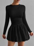 Black Long Sleeve Fashion Women Casual Pleated Club Mini Dress