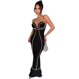 Black Straps Pearls Halter V Neck Luxury Evening Formal Long Dress