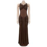 Brown Halter Low Cut Mesh See Through Pleated Evening Club Dress