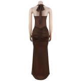 Brown Halter Low Cut Mesh See Through Pleated Evening Club Dress