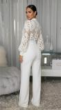 White Long Sleeve Lace Hollow Out Fashion Casual Office Lady Jumpsuit