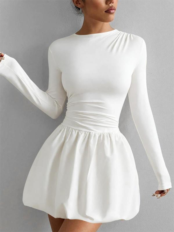 White Long Sleeve Fashion Women Casual Pleated Club Mini Dress