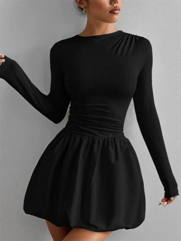 Black Long Sleeve Fashion Women Casual Pleated Club Mini Dress