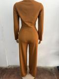 Brown Long Sleeve V Neck Single Breasted Casual Luxury Wide Leg Women Jumpsuit