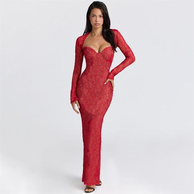 Red Off Shoulder Lace Bodycon Sexy Evening Formal Bodycon Maxi Dress with Shawl
