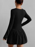 Black Long Sleeve Fashion Women Casual Pleated Club Mini Dress