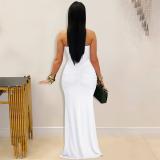 White Halter Low Cut Mesh See Through Pleated Evening Club Dress