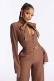 Brown Long Sleeve V Neck Single Breasted Casual Luxury Wide Leg Women Jumpsuit