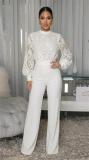 White Long Sleeve Lace Hollow Out Fashion Casual Office Lady Jumpsuit