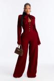 Red Long Sleeve V Neck Single Breasted Casual Luxury Wide Leg Women Jumpsuit