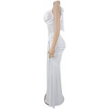 White Halter Low Cut Mesh See Through Pleated Evening Club Dress