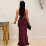 Claret Halter Low Cut Mesh See Through Pleated Evening Club Dress
