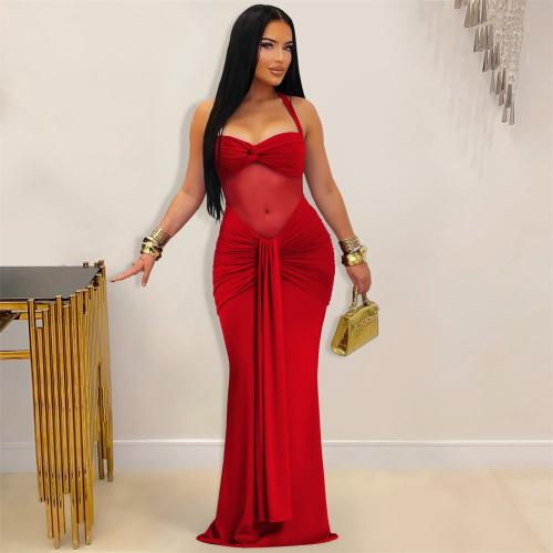 Red Halter Low Cut Mesh See Through Pleated Evening Club Dress