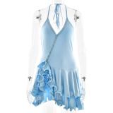 Sky Blue Straps V Neck Sexy Party Ruffles Mini Dress