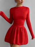 Red Long Sleeve Fashion Women Casual Pleated Club Mini Dress