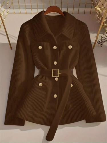 Brown Long Sleeve Knitted Luxury Casual Sweater Cardigan Jacket with Belt 004