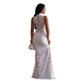 White Lace V Neck Hollow Out Split Elegant Women Party Formal Long Dress