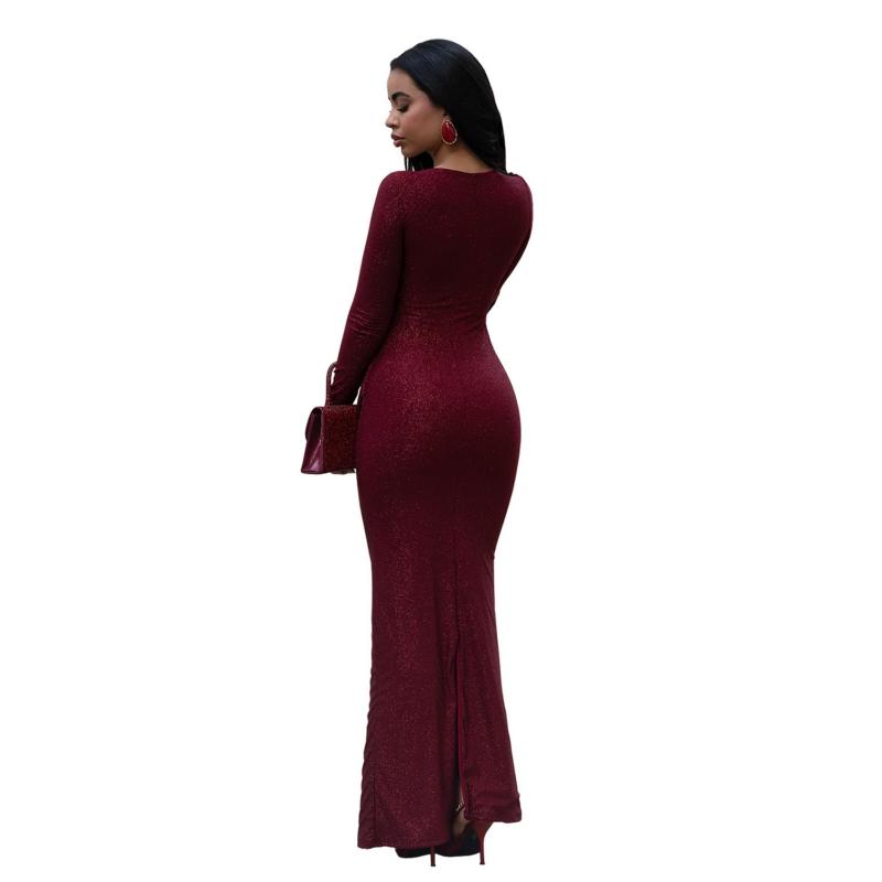 Claret Long Sleeve Elegant Back Split Women Party Prom Long Dress
