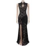 Black Lace V Neck Hollow Out Split Elegant Women Party Formal Long Dress