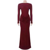Claret Long Sleeve Elegant Back Split Women Party Prom Long Dress