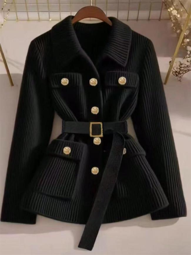 Black Long Sleeve Knitted Luxury Casual Sweater Cardigan Jacket with Belt