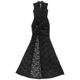 Black Lace V Neck Hollow Out Split Elegant Women Party Formal Long Dress