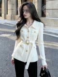 White Long Sleeve Knitted Luxury Casual Sweater Cardigan Jacket with Belt