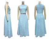 Blue Sleeveless Hollow Out Crop Tops Pleated Causal Women Two Pieces Skirt Sets