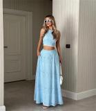 Blue Sleeveless Hollow Out Crop Tops Pleated Causal Women Two Pieces Skirt Sets