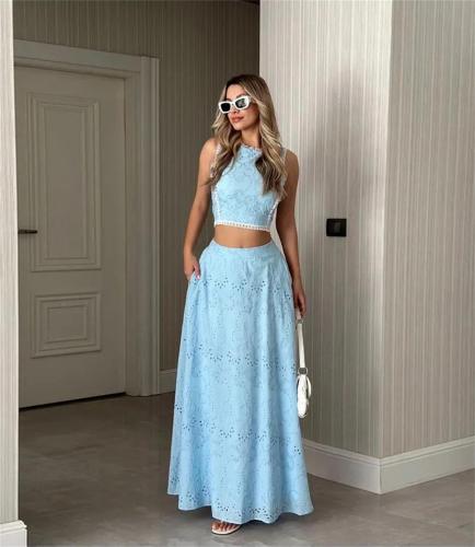 Blue Sleeveless Hollow Out Crop Tops Pleated Causal Women Two Pieces Skirt Sets