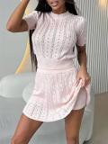 Pink Two Pieces Short Sleeve Knitted Sexy Hollow Out Tops with High Waist Mini Skirt Dress