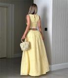 Yellow Sleeveless Hollow Out Crop Tops Pleated Causal Women Two Pieces Skirt Sets